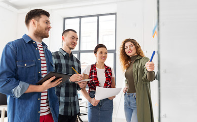 Image showing creative team looking at glass board at office