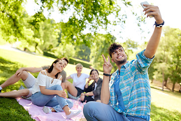 Image showing friends taking selfie by smartphone at picnic