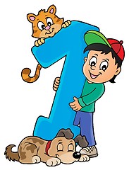 Image showing Boy and pets with number one