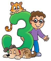 Image showing Boy and pets with number three