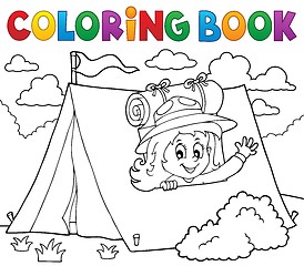 Image showing Coloring book scout girl in tent 1