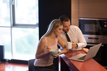 Image showing A young couple is preparing for a job and using a laptop