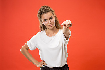 Image showing The happy business woman point you and want you, half length closeup portrait