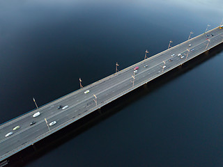 Image showing Aerial view of North Bridge with cars and Dnipro river from above, city of Kyiv city, Ukraine