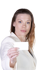 Image showing Businesswoman Holding a Blank Business Card