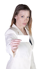 Image showing Businesswoman Holding a Blank Business Card