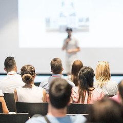 Image showing Male business speaker giving a talk at business conference event.