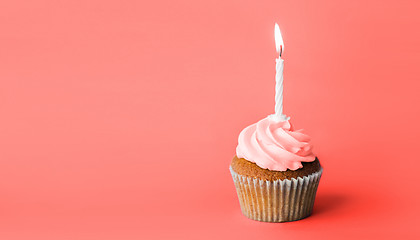 Image showing birthday cupcake with one burning candle