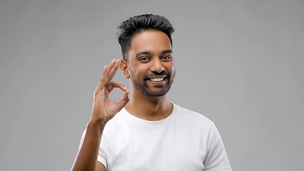 Image showing happy indian man in t-shirt showing ok hand sign