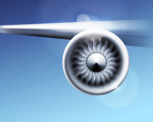 Image showing Turbine engine jet for airplane with fan blades in a circular motion. Vector illustration for aircraft industry. Close-up on blue background