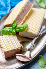 Image showing Waffle sandwich with artisanal ice cream closeup.