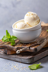 Image showing Balls of homemade ice cream in a bowl.