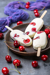 Image showing Artisanal vanilla sundae with red cherry.