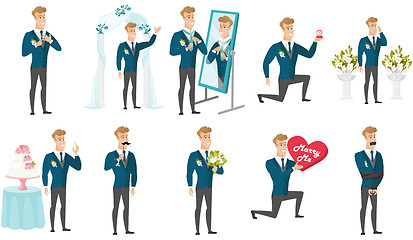 Image showing Young caucasian groom vector illustrations set.