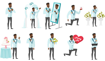 Image showing African-american groom vector illustrations set.