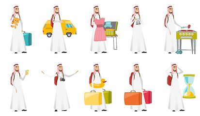 Image showing Young muslim traveler man vector illustrations set