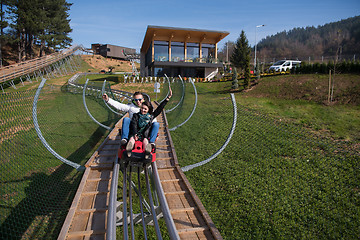 Image showing couple enjoys driving on alpine coaster