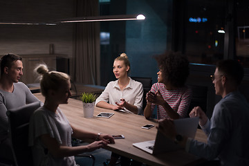 Image showing Multiethnic startup business team in night office