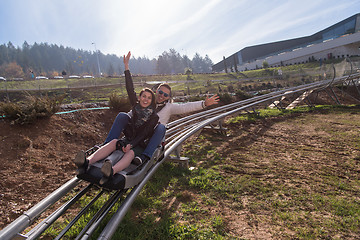 Image showing couple enjoys driving on alpine coaster