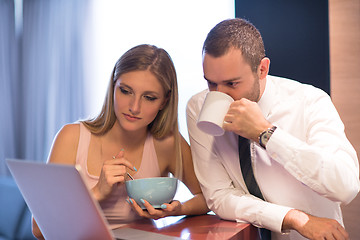 Image showing A young couple is preparing for a job and using a laptop