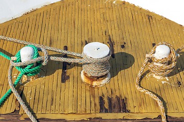 Image showing Ropes on wooden ship deck