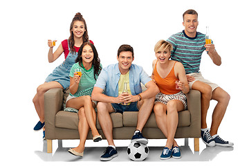 Image showing friends or soccer fans with ball and drinks