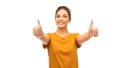 Image showing woman or teenage girl in t-shirt showing thumbs up