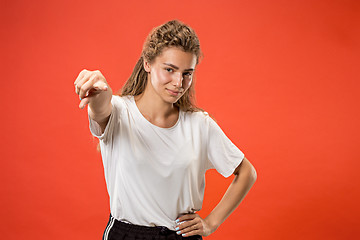 Image showing The happy business woman point you and want you, half length closeup portrait