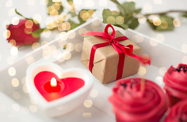 Image showing close up of gift box and sweets for valentines day