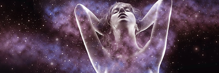 Image showing double exposure of woman and purple galaxy