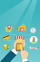 Image showing Hands holding phone connected with shopping icons.