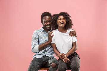 Image showing Couple watching sports match on tv at home, celebrating victory, successful game