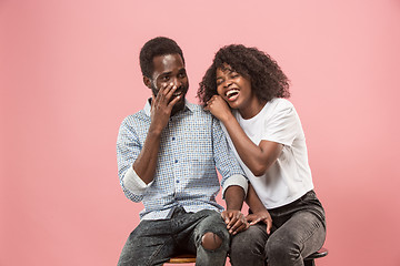 Image showing Couple watching sports match on tv at home, celebrating victory, successful game