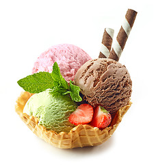 Image showing various ice cream scoops in waffle basket