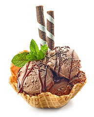 Image showing chocolate ice cream in waffle basket