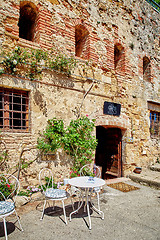 Image showing Beautiful coffee bar in ancient building of Pienza