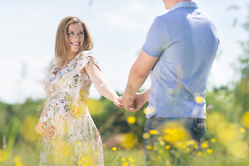 Image showing Young happy pregnant couple in love holding hands, relaxing in meadow.