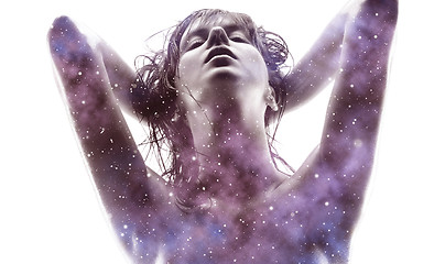 Image showing double exposure of woman and purple galaxy