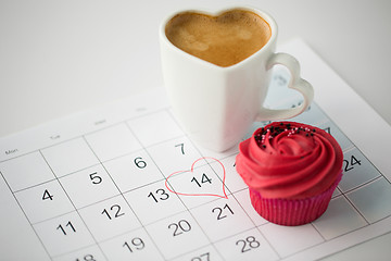 Image showing close up of calendar, coffee, cupcake and heart