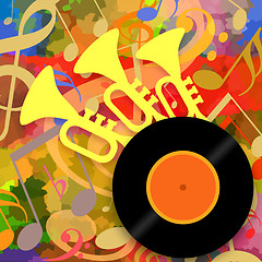 Image showing Music background with trumpets and vinyl disc