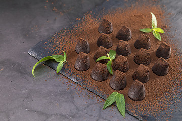 Image showing Homemade chocolate truffles with mint sprinkled with cocoa powde