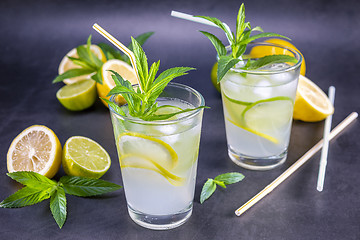 Image showing Homemade refreshing summer lemonade with mint in a glas