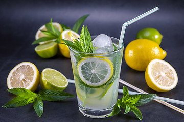 Image showing Cold refreshing summer lemonade with mint in a glass