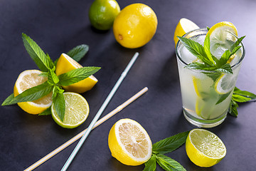 Image showing Cold refreshing summer lemonade with mint in a glass