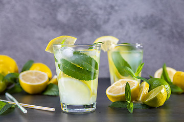 Image showing Cold refreshing summer lemonade with mint in a glass