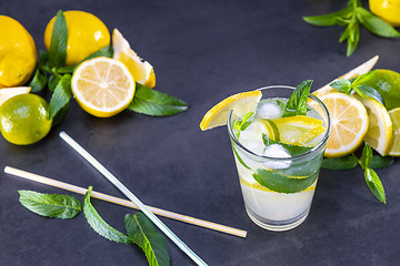 Image showing Top view of fresh lemonade with mint in glasses