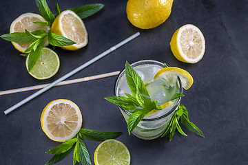 Image showing Top view of fresh lemonade with mint in glasses