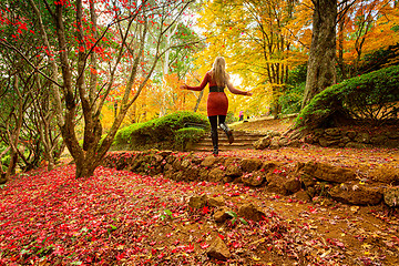 Image showing Woman enjoying a walk in an Autumn garden
