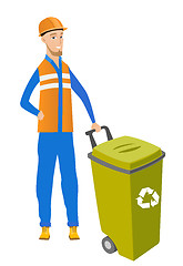 Image showing Young caucasian builder pushing recycle bin.