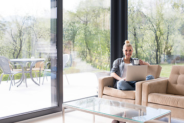 Image showing woman drinking coffee enjoying relaxing lifestyle